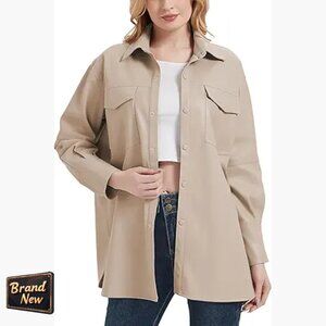 Faux Leather Shacket Loose Fit Button Down Long Sleeve Lapel Jacket